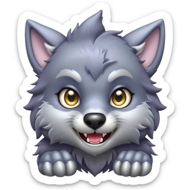 Cinematic Cute Werewolf Portrait Emoji, with a cuddly, miniature lupine form in soft moonlit grays and silvers, featuring oversized sparkling eyes and a sweet, endearing snarl, simplified yet irresistibly adorable, highly detailed with a gentle glowing outline that captures the playful, heartwarming essence of a little werewolf! sticker