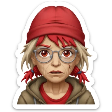 very dirty looking homeless woman with ripped red hat with ugly hair and broken glassess sticker