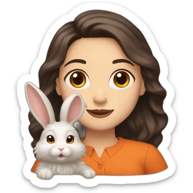 white woman with brown eyes and long wavy black hair in a brown blouse is holding orange and very fluffy rabbit sticker