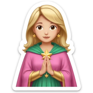 Mujer de piel morena, rostro sereno, manos juntas. Vestido rosa, manto azul verdoso con estrellas doradas. Resplandor dorado alrededor del cuerpo. sticker