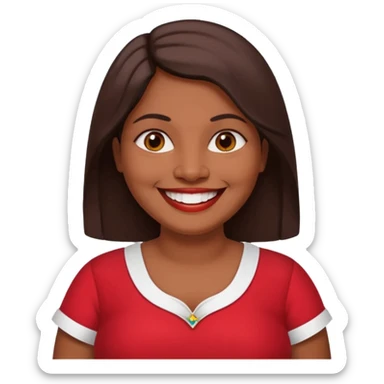 50 yr old chubby Sri Lankan woman, dark skin, straight brown hair, big smile, white teeth, red dress clothes, shoulder length hair, longer hair sticker