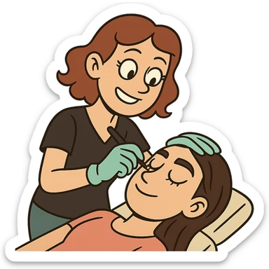 cartoon style microblading artist working on a client's eyebrows smiling sticker