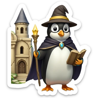 A wizard-explorer penguin wearing a slightly worn enchanted yellow hat and a flowing cape, standing in front of an ancient ruin. The penguin holds a spellbook in one hand and a magical artifact in the other, ready to unlock the secrets of a lost civilization sticker