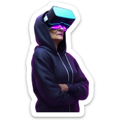 Russian old woman wearing a black hoodie with "OMG" letters on it and VR headset in a cyberpunk VR environment with violet neon lighting. sticker