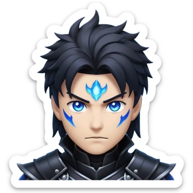 Anime-style emoji of a powerful dark hunter with black armor, glowing blue eyes, sharp hairstyle, surrounded by shadow aura. Inspired by Solo Leveling: Arise aesthetic. Dramatic, intense, mysterious expression. High contrast, heroic vibe.
 sticker