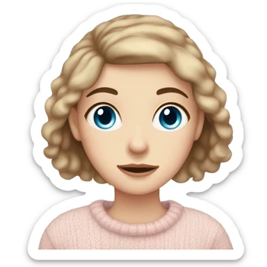 Pretty blue eyed white girl with brown hair with light pink sweater reading cozy sticker