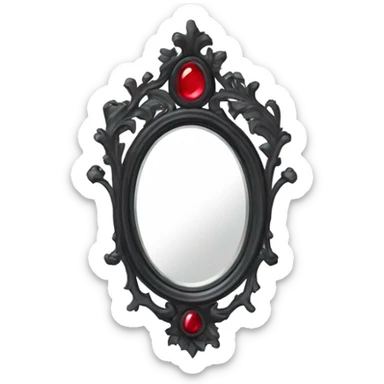 "A Victorian-era Gothic mirror with a black frame, gray-tinted glass, and a red ruby accent."
 sticker