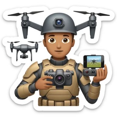 Un photographe homme high tech, une armure de terrain à la super héro. Il a des appareils photos, des caméras embarquées et un drone derrière lui en hauteur. sticker