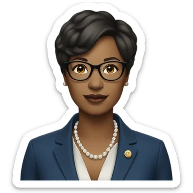 black woman ceo, black glasses, short straight hair, blue blazer, pearl necklace sticker