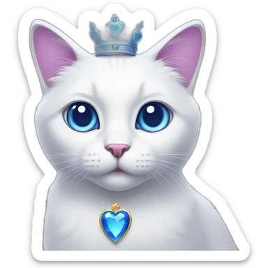 white cat with blue eyes, a purple heart and a crown on her head sticker