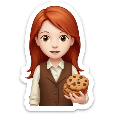 white girl scout with red long hair selling cookies with a brown vest and white shirt under vest. She should be around 10 years old sticker