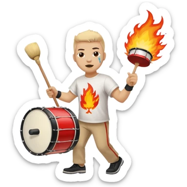 A loud fan, simple tee shirt with paint on his cheeks with a marching drum, beating it with fiery enthusiasm sticker
