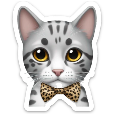 grey and white cat wearing a leopard print bow sticker