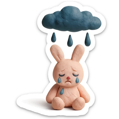 marshmallow bunny sitting with tears under a raincloud, claymation style sticker