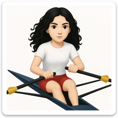 Altındaki tekneyi olimpik kürek sporu için uygun, uzun ve ince yarış teknesi olarak değiştir. Kız siyah uzun dalgalı saçlı, beyaz tenli, kırmızı şort ve beyaz kısa kollu tişörtle olimpik kürek sporu yapıyor sticker