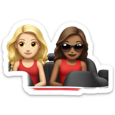 A blonde and a brunette girl sitting in a red Porsche  sticker