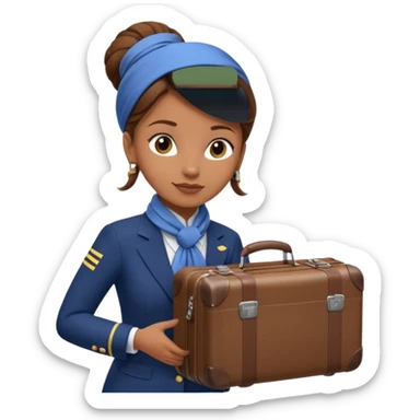 flight attendant, Light Brown skin, brown hair in single bun, neck scarf, suitcase sticker
