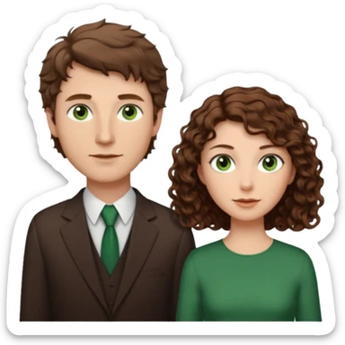 White Man in the middle with brown hair and green eyes, women next to him with short brown hair with slight waves, taller women on right side with shoulder length curly hair and brown eyes sticker