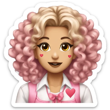 kogal with big curly hair and gyaru makeup and hearts on her cheeks sticker