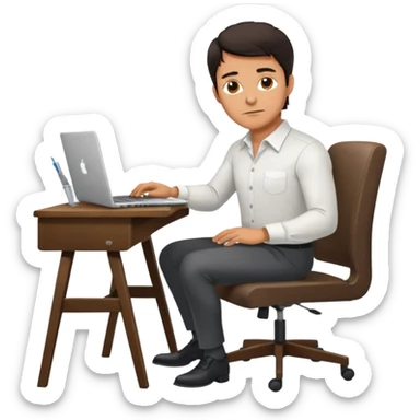 Rich man working on a chair at office in shirt, dark hair, and near the desk with laptop he is german very beautiful looks like, full body view sticker