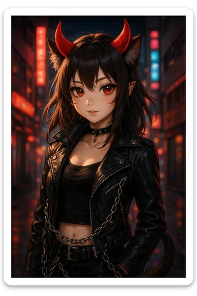 realistic anime catgirl devil in punk rock attire, leather jacket, chains, red horns, urban night background sticker