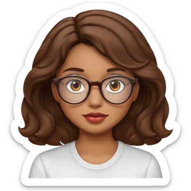 emoji de mujer linda de tez morena clara, rostro redondo u ovalado, ojos marrones, cabello ondulado marrón, labios medianos y gafas sticker