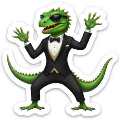 capitalist iguana banker in tuxedo and black sunglasses dancing crazy sticker