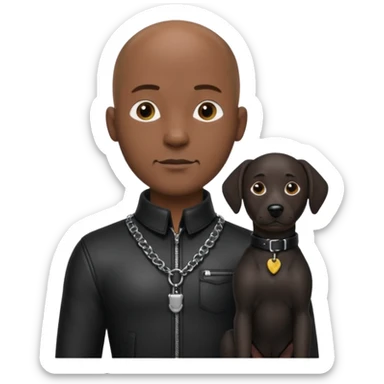 Please create a male character who is dark, bald and hardspm. He is tall well proportioned. He is wearing leather and has a leather dog collar around his neck sticker