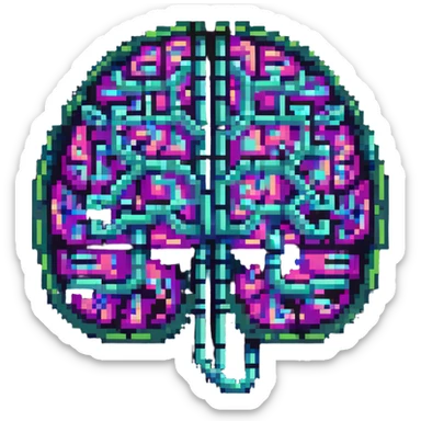 64x64 pixel art of a stylized AI brain, featuring glowing nodes, neon circuitry, and a digital shimmer effect sticker