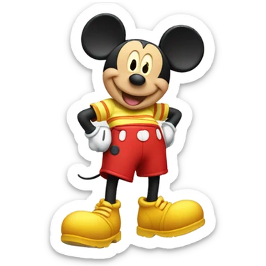 Mickey Mouse wearing red shorts and big yellow shoes, smiling happily. sticker