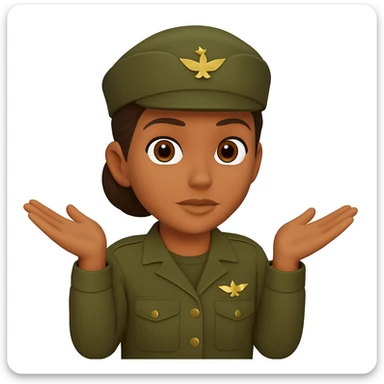 Make the girl's hairstyle a bun and add an army KFF (military cap) while keeping her brown skin, brown hair, and army attire. Keep the shrugging pose and emoji style. sticker