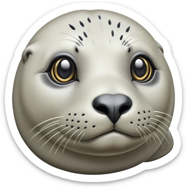 Cinematic Noble harbour seal Portrait Emoji, Poised and streamlined, with a sleek, smooth body of glossy, muted hues and expressive, dark eyes complemented by a rounded, agile head, Simplified yet sharp and sophisticated features, highly detailed, glowing with a soft, maritime luminescence, high shine, intelligent and graceful, stylized with an air of coastal authority, focused and alert, soft glowing outline, capturing the essence of a watchful marine guardian that appears ready to glide out of the screen with effortless authority! sticker