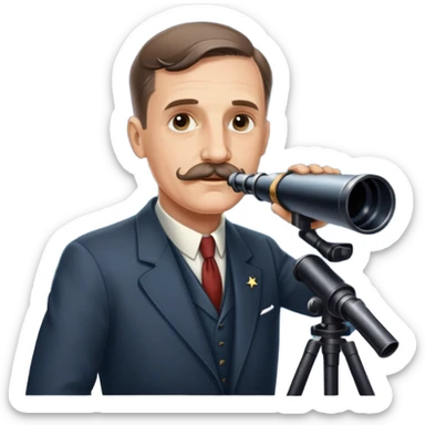 Astronomer Edwin Hubble with mustache, wearing a suit, looking through a telescope with stars in the background sticker