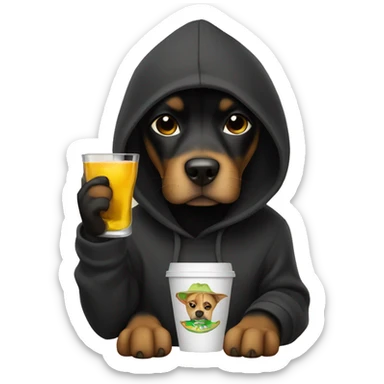 Dog wearing a black hoodie holding a cup and a tequila bottle sticker