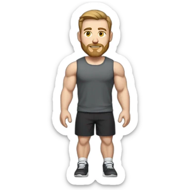 Full height Pale skinned fit man With biceps, light brown hair and short beard In dark gray sleeveless mike, black oversize sports shorts, watch and white sneakers. sticker