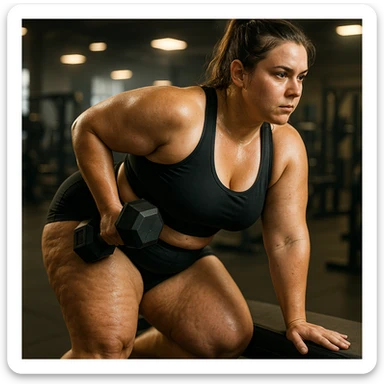 hyper realistic 4K image of a sporty woman exercising in a gym, visible stubborn fat on legs and thighs, detailed skin and muscles, film lighting, motivational atmosphere sticker