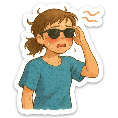 ghibli style character with sunglasses, flushed cheeks, feeling hot sticker
