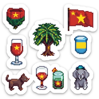 cat, dog, wolf, Vietnam flag, tree, elephant, and a glass all together in pixel art style sticker