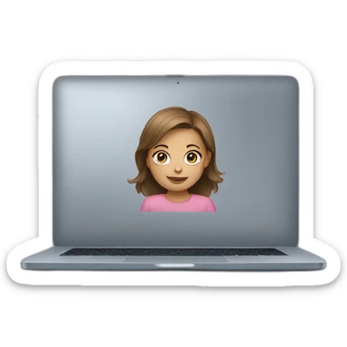 a girl with light skin and brown hair is sitting at a laptop sticker