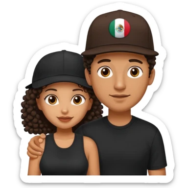 A picture of a cute tanned couple. the man is Mexican, with a bald hair cut wearing a SnapBack hat and a black shirt. the woman is mixed, she has curly longer dark brown hair, thicker and with big boobs  sticker