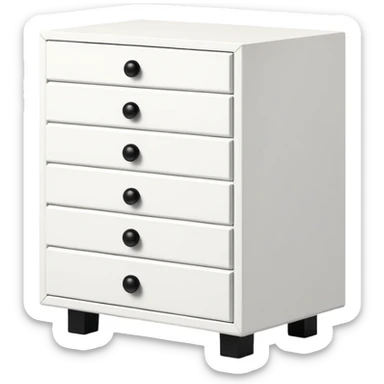 IKEA-inspired 3 feet depth white 6-drawer chest, one tiny black knob per drawer, stacked sticker