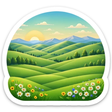 sunlit meadow with rolling hills but no mountains sticker