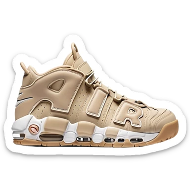 Two beige Nike Air More Uptempo sneakers arranged with one positioned behind the other, simple clean design with minimal details but distinct AIR lettering sticker