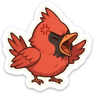 Chibi-style male cardinal yelling with open beak, feathers fluffed, exaggerated anime anger mark above eye. sticker