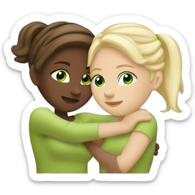 two white girls hugging one blonde hair and green eyes p- one brunette and brown eyes   sticker