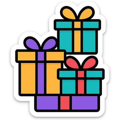 Create a stack of colorful gift boxes, each with a different ribbon color, in the clean, lineal color icon style with black outlines as shown in the reference image. sticker