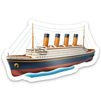A 3D emoji of a Titanic ship in Apple style, glossy and smooth surface, bright clean colors with subtle shading, simple and minimal details, no face or expressions, floating on calm ocean, soft shadows, high-quality render, isolated on white background.


 sticker