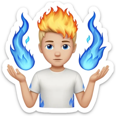 A boy with no hands fire instead made out of fire and blue fire on a white shirt that the boy is wearing  sticker