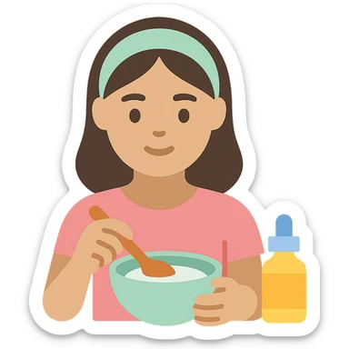 girl making skincare products, mixing ingredients in a bowl, color icon sticker
