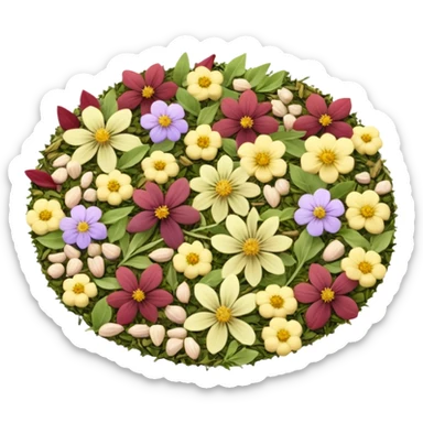 loose herbal tea blend with dried herbs and flowers, crumbled leaves and petals, soft greens, pale yellows, light purples, faded reds, 3D clean style, transparent background, optimized for emoji size sticker